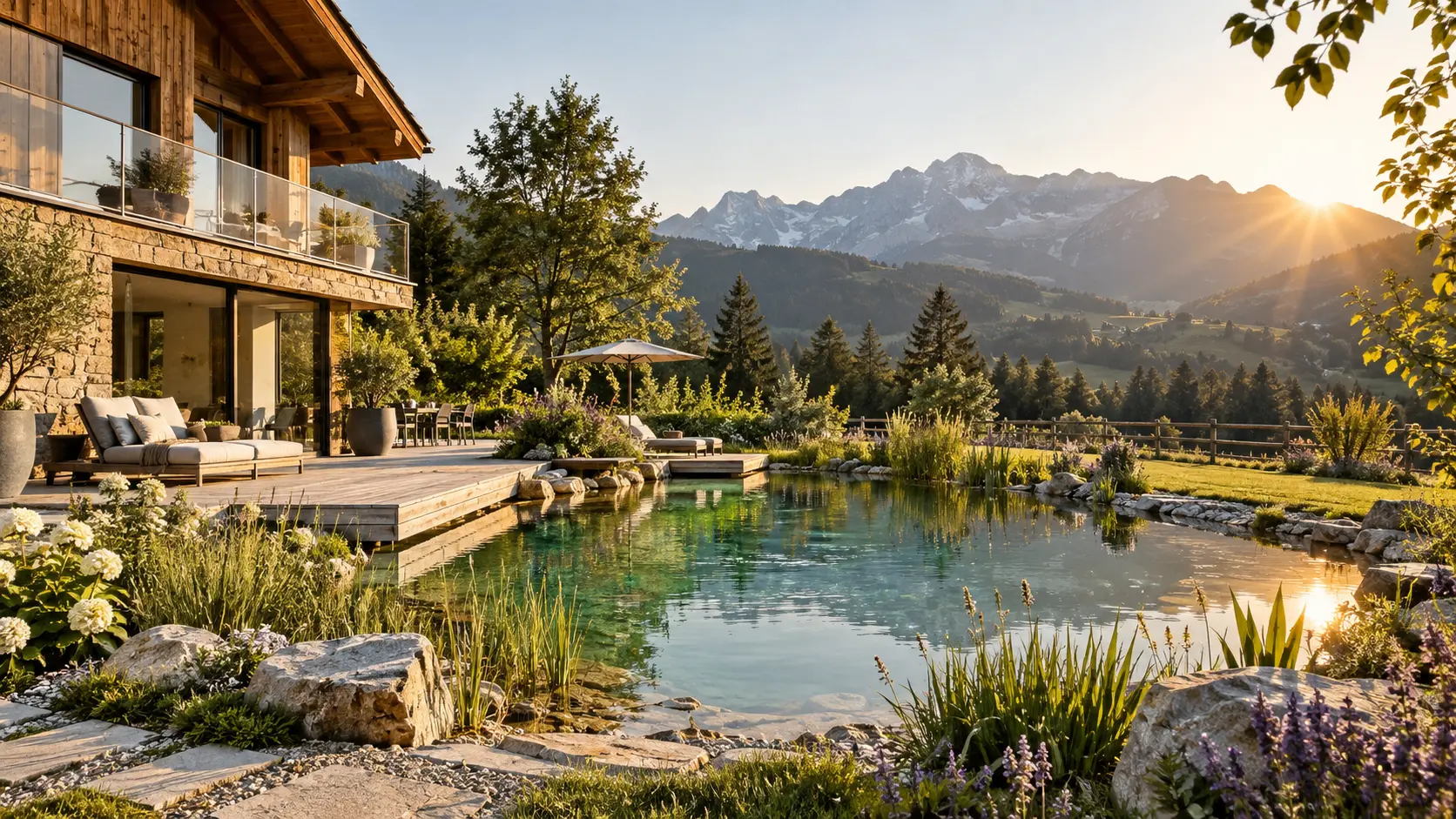 Naturpool und Garten eines Chalets