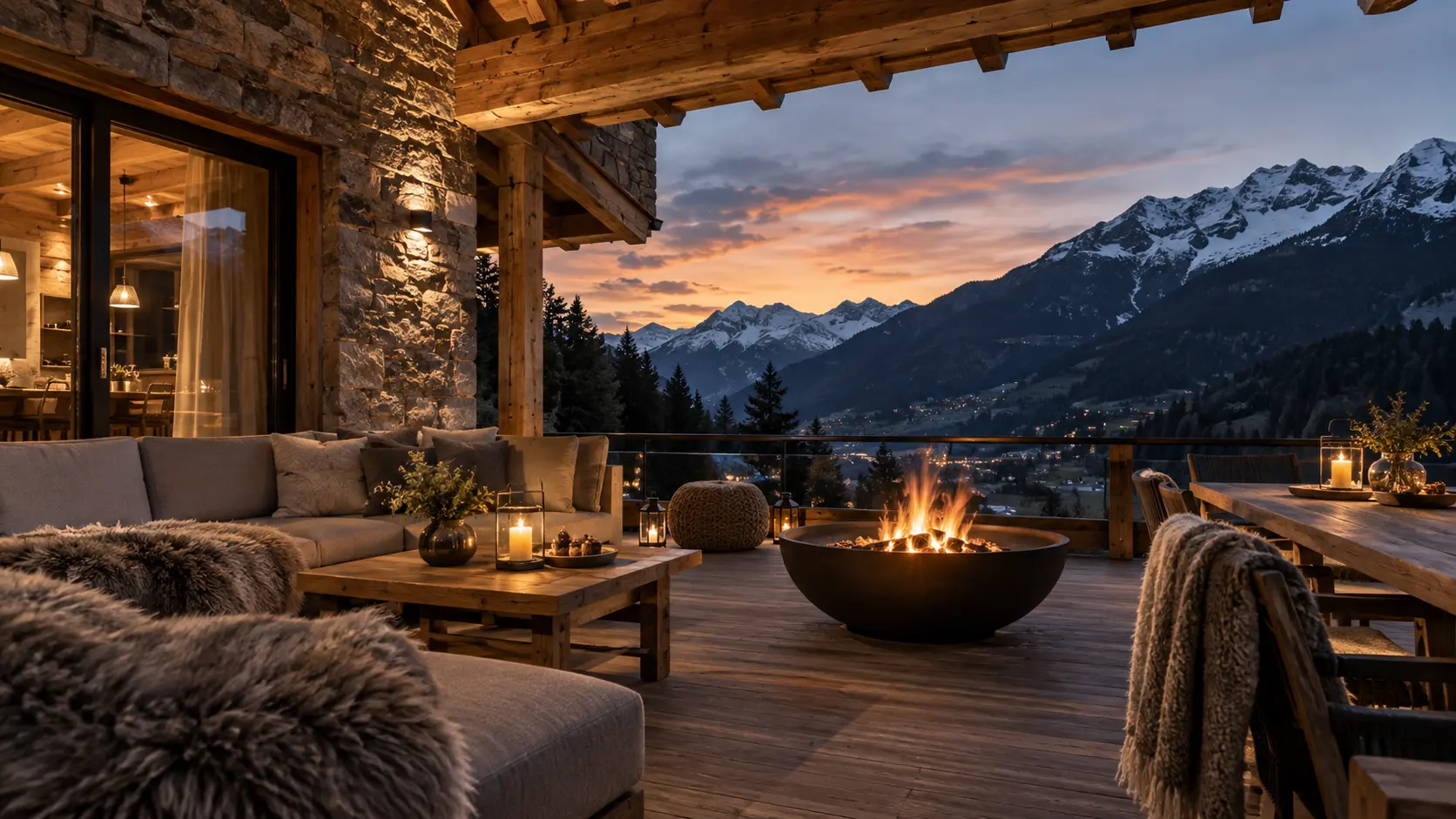 Chaletterrasse bei Abendlicht