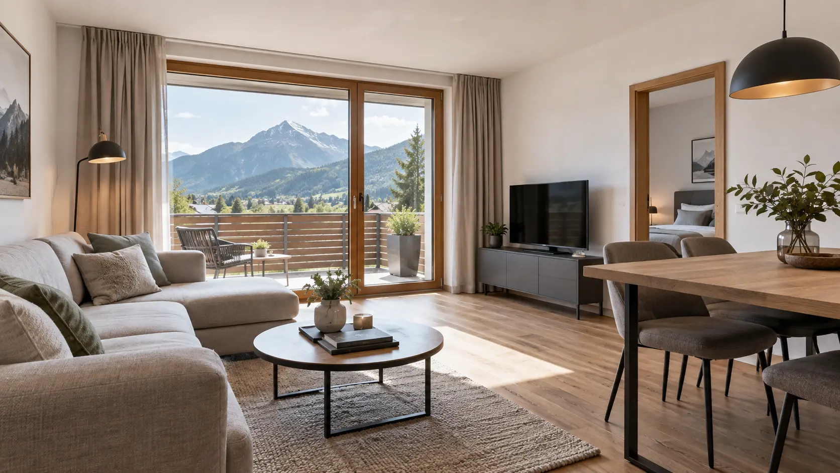 Heller Wohnraum eines modernen Ferienapartments