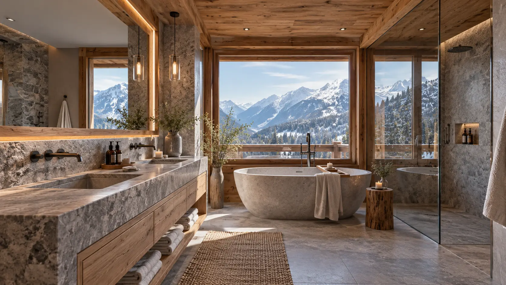Alpines Badezimmer mit Naturstein und freistehender Badewanne